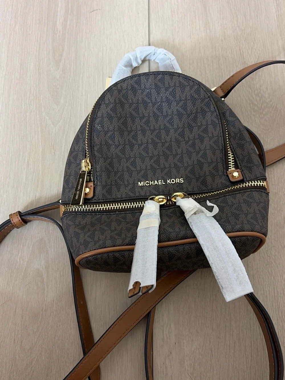 Michael Kors Dark Brown Monogram Mini Backpack with Tan Trim